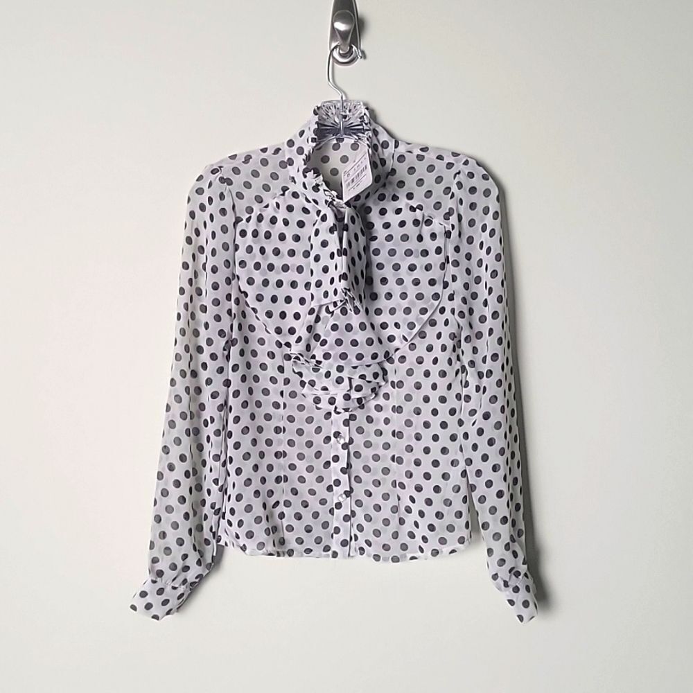 NWT XS S Ruffle Dot Black Victorian Long Sleeve Blouse Bow High Neck Tie Blouse